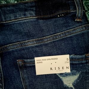 Risen Dark Wash Distressed High Rise Girlfriend Jeans